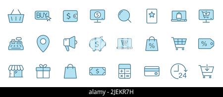 e commerce outline vector icons in two colors isolated on white. Stock Vector
