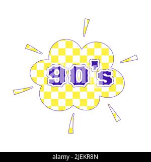 Y2K sticker in abstract shape with sparks with the words 90s on background of chess pattern. Text graphic element in bright acid colors. Nostalgia for Stock Vector