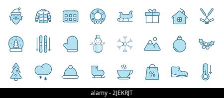 winter line vector icons in two colors isolated on white background. Stock Vector