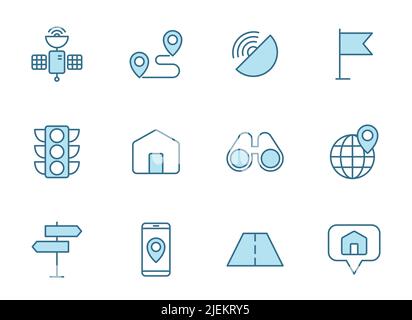 navigation outline vector icons in 2 colors isolated on white. Stock Vector