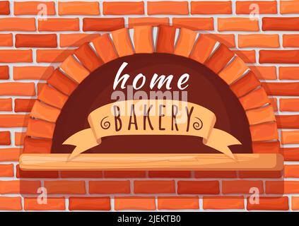 Home bakery oven. Brick stone firewood stove for baking bread, cooking italian pizza cheese on fire wood, creative logo restaurant furnace baker fireplace, neat vector illustration of oven traditional Stock Vector