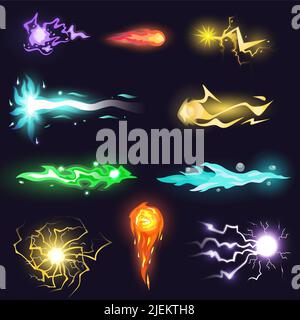 Cartoon magic energy. Magical laser gaming effect, force futuristic gun shot game damage weapon spell lightning attack plasma explosion fire blast vector. Illustration of energy magic light effect Stock Vector
