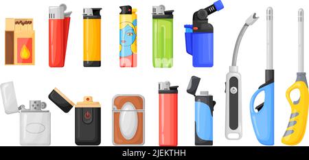 Gasoline lighters. Cartoon plastic petrol lighter, cheap ignition tool ignite cigarette gas kitchen tool, light fire flame color cigar accessories, cartoon neat vector illustration. Lighter gasoline Stock Vector