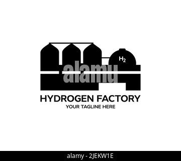 Hydrogen factory concept logo design. Renewable or sustainable electricity. Hydrogen production from renewable energy sources vector design. Stock Vector