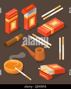 Isometric cigarette. Pack cigar or cigarettes filter on ashtray, 3d tobacco box warning addiction smoker tube package or packet cigars fire ash, vector illustration. Cigar and tobacco nicotine Stock Vector