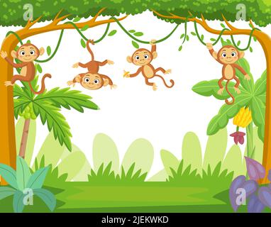 Group of little monkey hanging on tree branch Stock Vector