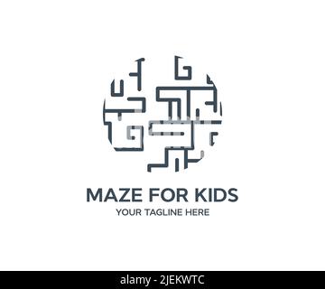 Round maze, Circle labyrinth, Maze for kids logo design.  Line maze game vector design and illustration. Stock Vector