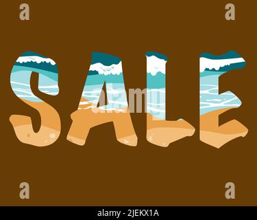 Sale word lettering with seashore ornament. Summer Sale concept, vector illustration isolated on dark background Stock Vector