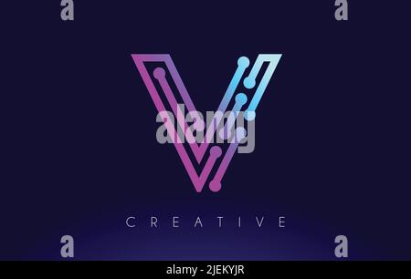 V Tech Letter logo Concept with Connected Technology Dots and Lines in Blue Purple Colors Vector Design Stock Vector
