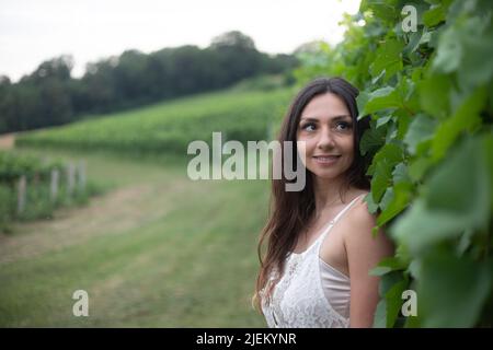 Beautiful young girl leans into the vineyard wires and gets a nice photo shoot. Stock Photo