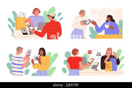 People use mobile cashless payment system or scan qr code vector . Characters using digital banking service and application for bonuses accumulation c Stock Vector
