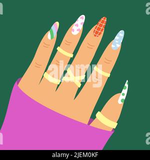 Female hand with aesthetic manicured nails, golden ring. Nostalgia for 1990s. Stock Vector