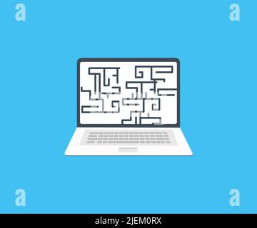 Maze on laptop screen. Line maze game. Medium complexity logo design. labyrinth maze vector design and illustration. Stock Vector
