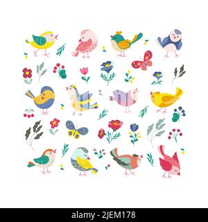 Funny colored birds butterflies and flowers set. Exotic birds collection. Vector illustration in flat style Stock Vector