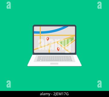 GPS navigation or route with check-in symbol on screen of Laptop logo design. UI pinning, discovery, geotag, tourism geolocation. GPS navigation. Stock Vector