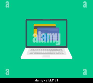 Laptop screen, E-commerce and online shopping concept logo design. Credit card for shopping payment online at home vector design and illustration. Stock Vector