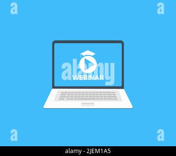 Online webinar on laptop screen,  seminar logo design. Live webinar button , Laptop with Webinar E-business Browsing Connection and cloud online. Stock Vector