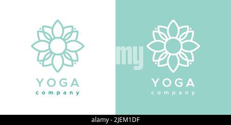 Yoga company logo. Outline floral symbol. For company brand, packaging, product. Logotype in two versions: color and white. Vector illustration, flat Stock Vector