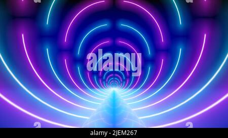 Glowing neon lines, led tunnel. Abstract technology background, virtual reality. Pink blue purple neon corridor of circles, perspective. Ultraviolet Stock Vector