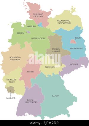 Vector map of Germany with federated states or regions and administrative divisions. Editable and clearly labeled layers. Stock Vector