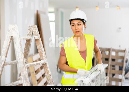Woman builder carrying stepladder Stock Photo