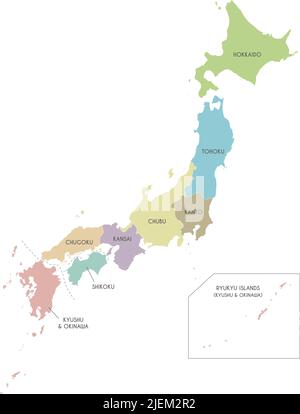 Vector map of Japan with regions and administrative divisions. Editable and clearly labeled layers. Stock Vector