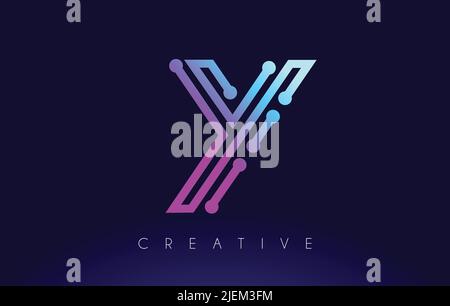 Y Tech Letter logo Concept with Connected Technology Dots and Lines in Blue Purple Colors Vector Design Stock Vector