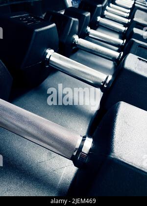 A rack of dumbbells in a gym Stock Photo