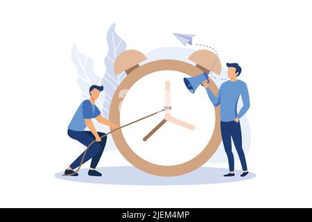 the alarm clock is ringing on a white background, the concept of working time management, quick response to awakening transfer of time back vector, fl Stock Vector