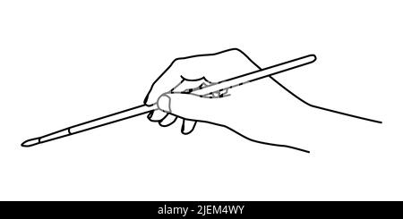 Hand holding a brush hand drawn with thin line. Teaching painting, professional artist, art school student concept. Vector illustration isolated Stock Vector