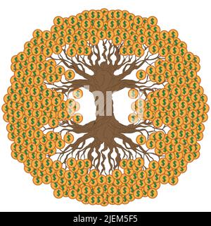 Money tree with dollar coins. A traditional feng shui symbol for attracting wealth and prosperity. Color illustration. Stock Vector