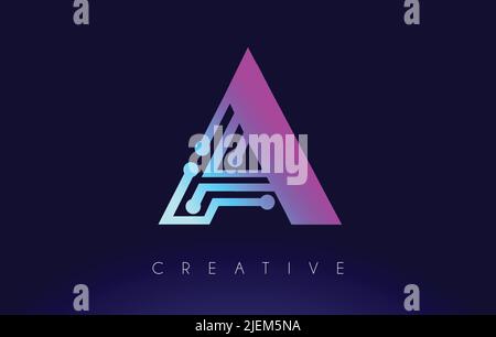 A Tech Letter logo Concept with Connected Technology Dots and Lines in Blue Purple Colors Vector Design Stock Vector