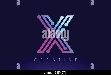 X Tech Letter logo Concept with Connected Technology Dots and Lines in Blue Purple Colors Vector Design Stock Vector
