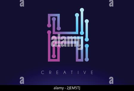 H Tech Letter logo Concept with Connected Technology Dots and Lines in Blue Purple Colors Vector Design Stock Vector
