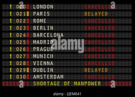 airport information displaying cancelled and delayed flights due to shortage of staff vector illustration Stock Vector
