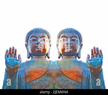 Buddhist god in an Abhaya mudra. An oxidized ancient statue of Lord Buddha with effect. Buddha figure holding up a right hand, a symbol of Stock Photo