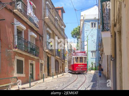Lisbon, Portugal - June 20, 2018: The tram runs along Calcada de Sao Vicente street. Alfama Stock Photo