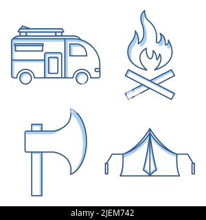 Camping set icon. Contains such icons as Camping car, Bonfire, Ax, tent. Two tone icon style. Simple design editable Stock Vector