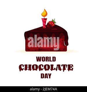 Piece of Chocolate Cake with Melting Chocolate Icing and Strawberries and a Burning Candle Card for World Chocolate Day Stock Vector
