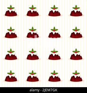 Christmas Pudding Decorated with Sprig of Holly Seamless Pattern with Beige Stripes Stock Vector