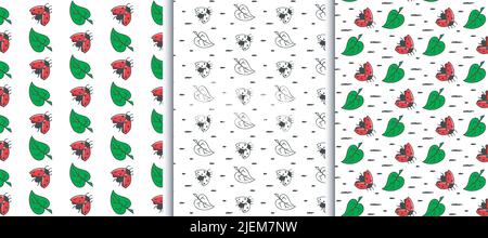 Ladybug, leaf seamless patterns, set of 3. Hand drawn paint brush stroke, doodle colored kid design, nature cartoon illustration. Transparent Stock Vector