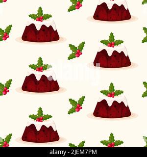 Christmas Pudding Decorated with Sprig of Holly Seamless Pattern Stock Vector