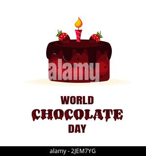 Chocolate Cake with Melting Chocolate Icing and Strawberries and a Burning Candle Card for World Chocolate Day Stock Vector