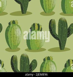Seamless pattern with cactus with thorns, succulent on color background. Vector drawing illustration for icon, game, packaging, fabric, textile. Wild Stock Vector