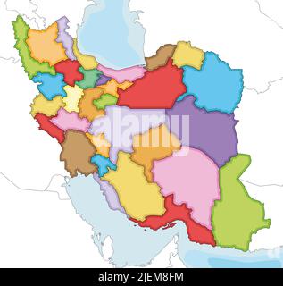 Vector illustrated blank map of Iran with provinces and administrative divisions, and neighbouring countries. Editable and clearly labeled layers. Stock Vector