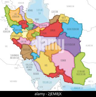 Vector illustrated map of Iran with provinces and administrative divisions, and neighbouring countries. Editable and clearly labeled layers. Stock Vector