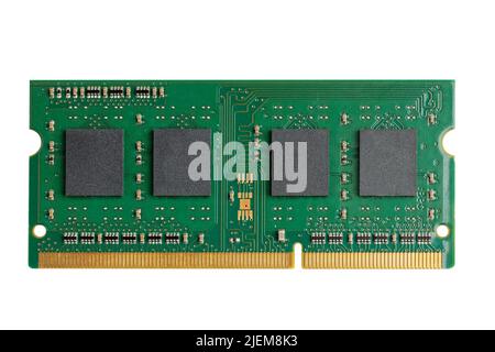 Closeup circuit board of computers memorys module SO-DIMM DDR standart for laptop. Isolated on white. Stock Photo