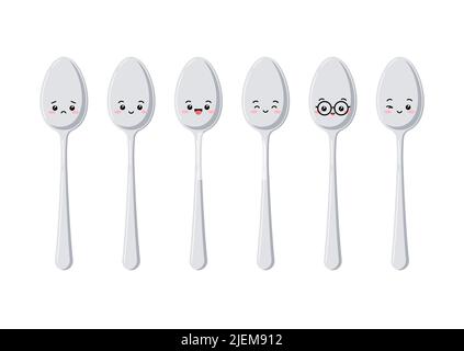 Cute spoon kawaii character set isolated on white background. Stock Vector