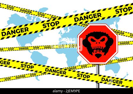 Monkeypox virus world alert attack banner concept. Monkey pox infection disease outbreak on Earth planet with stop danger sign. MPV MPVX dangerous and public health epidemic risk. Vector eps Stock Vector