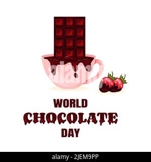 Cup of Hot Chocolate with Chocolate Bar and Strawberries in Chocolate World Chocolate Day Card Stock Vector